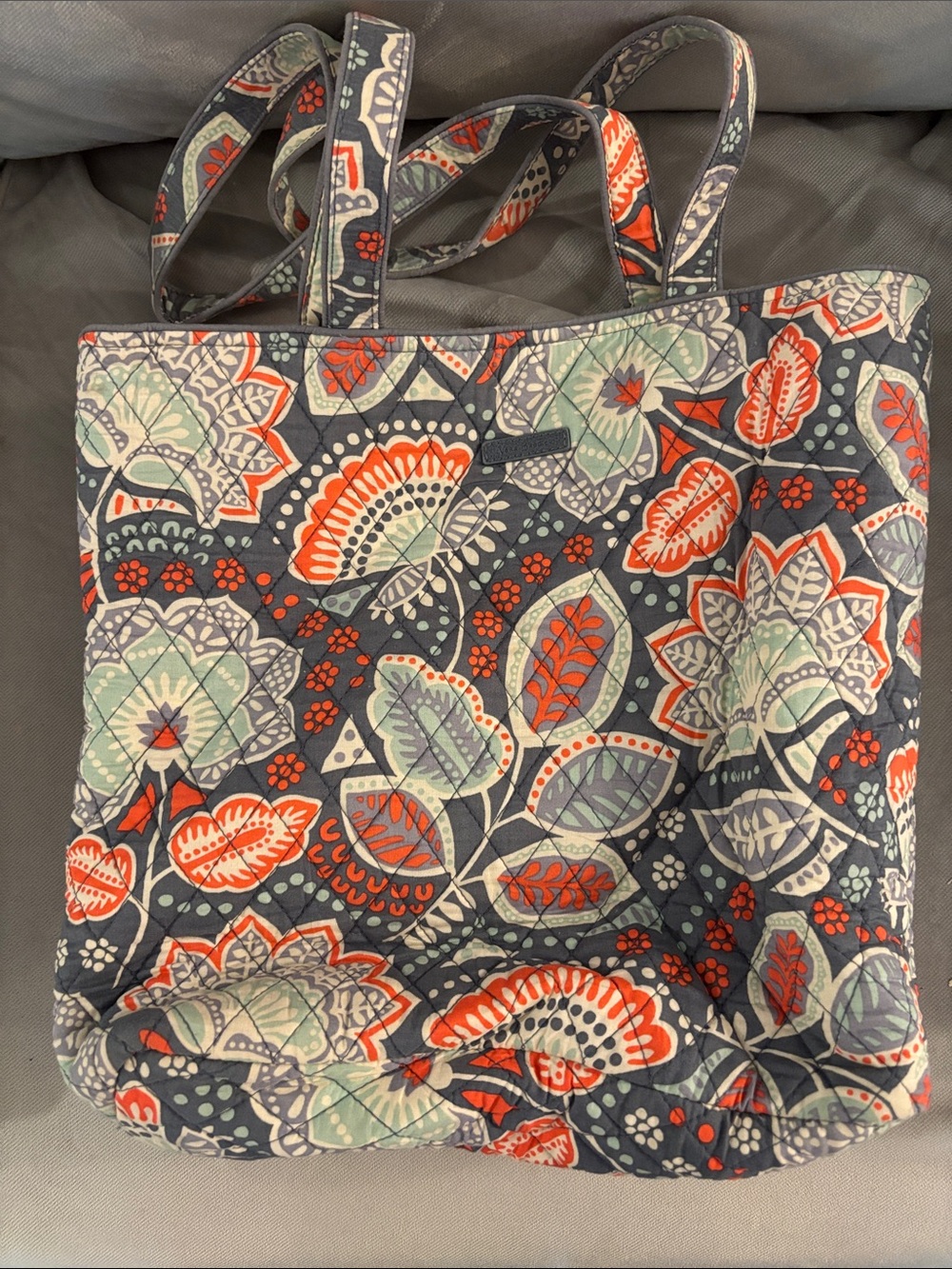 Vera Bradley Grey Floral Quilted Tote with Coral & Mint Accents
